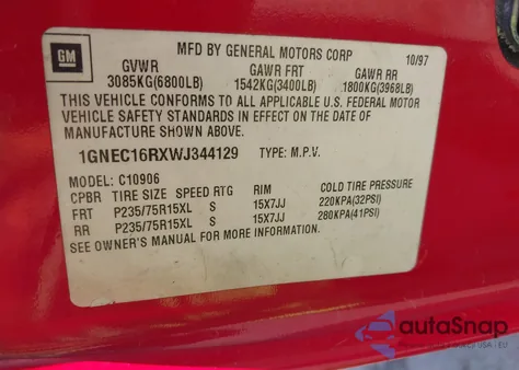 1998 Chevrolet Suburban 1500 z USA, uszkodzony, nr VIN 1GNEC16RXWJ344129